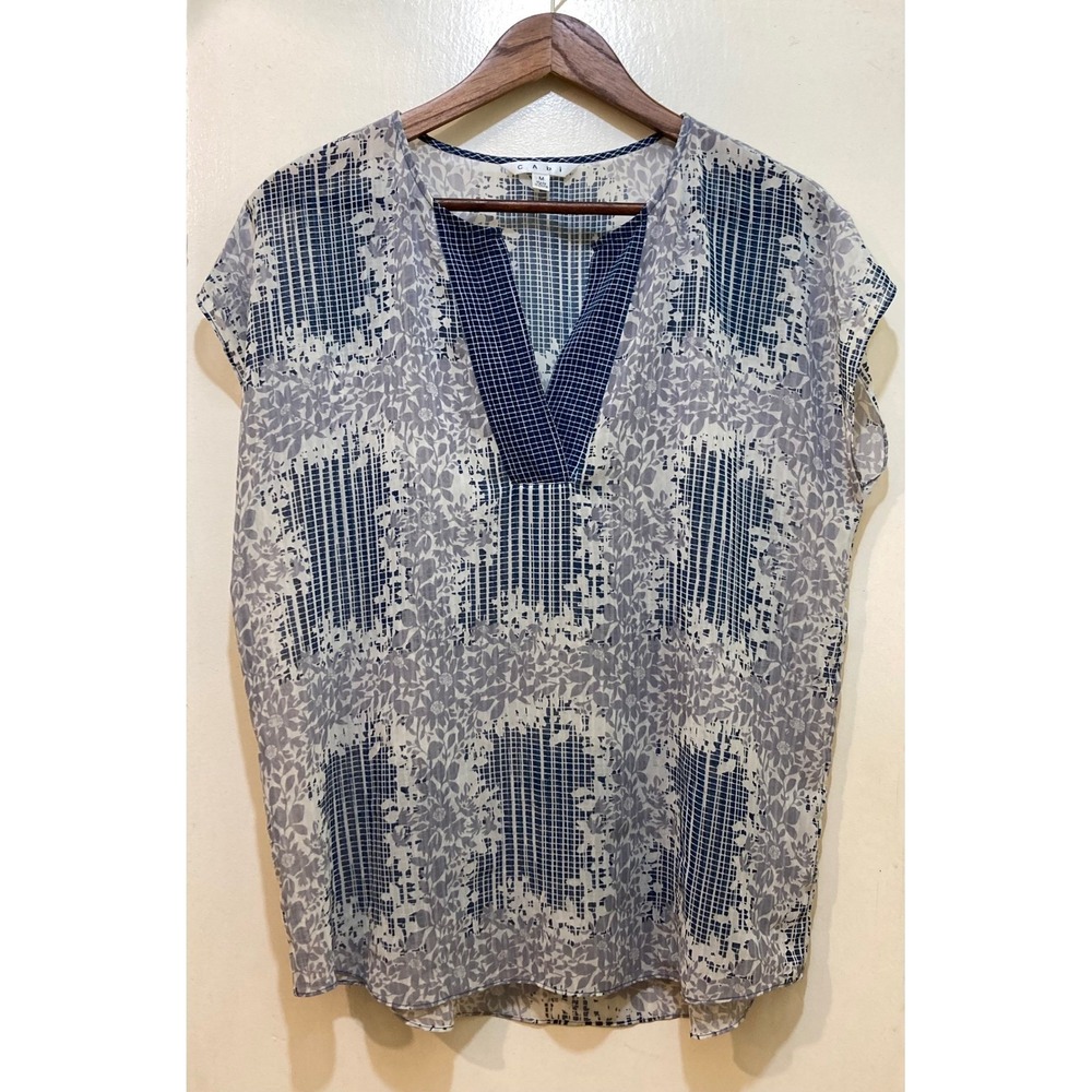 Cabi Womens Top Blue Floral Grid Print‎ V-Neck Short Sleeve Sheer Blouse Size M